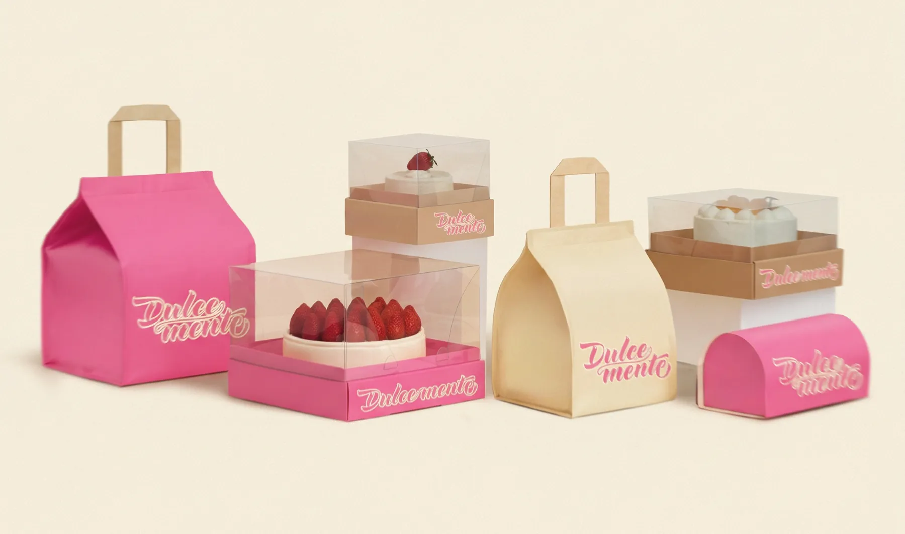 Packaging rosa y crema: bolsas y cajas