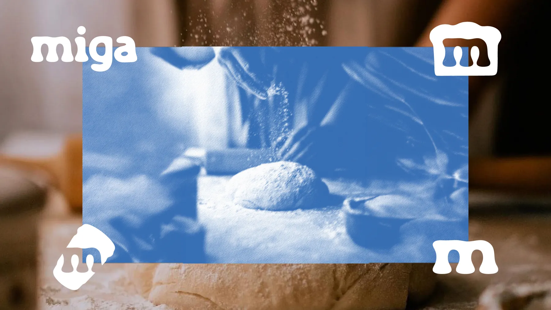 Logo de Miga sobre una imagen de masa y harina en azul