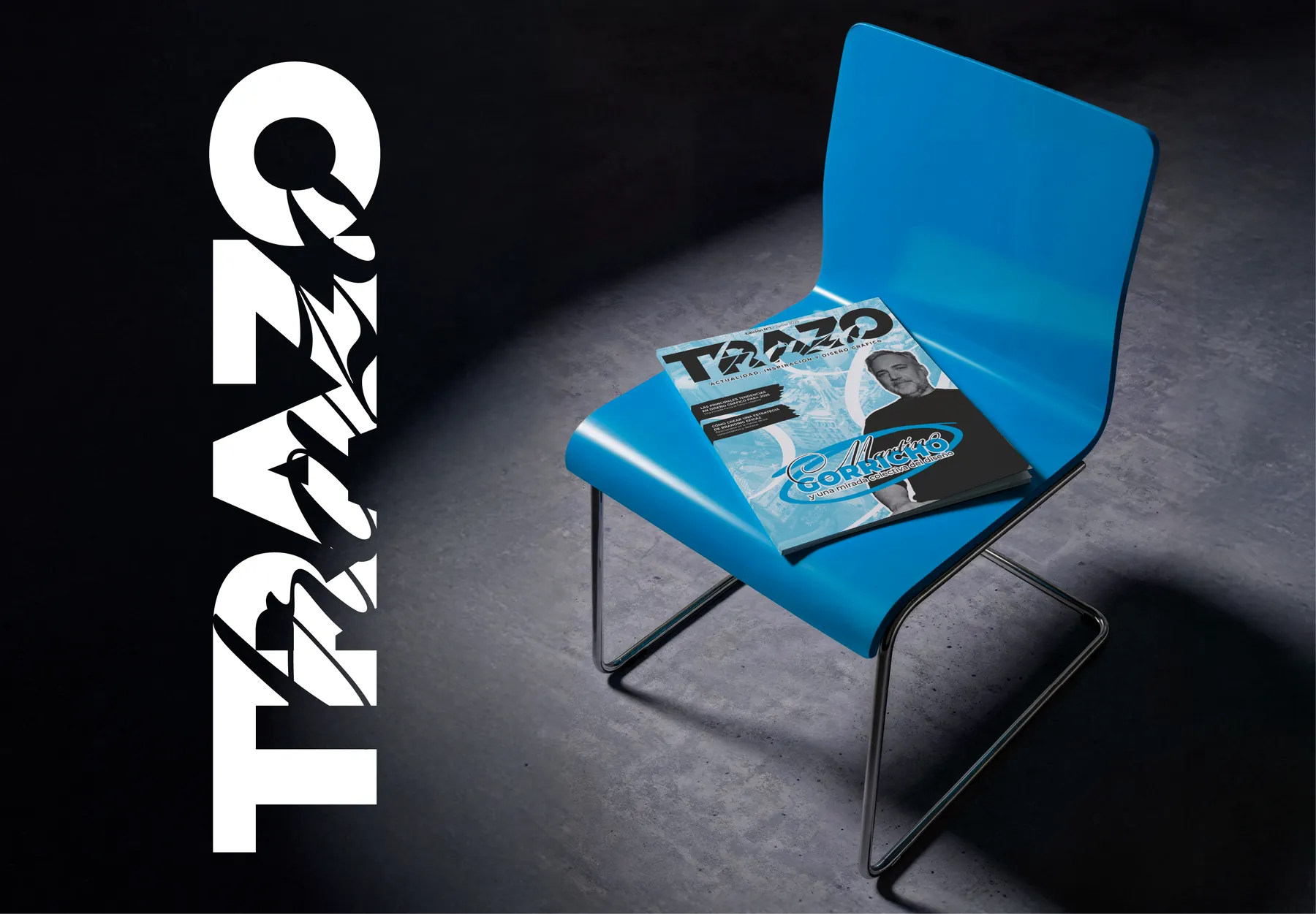 Logo de Trazo sobre una silla azul